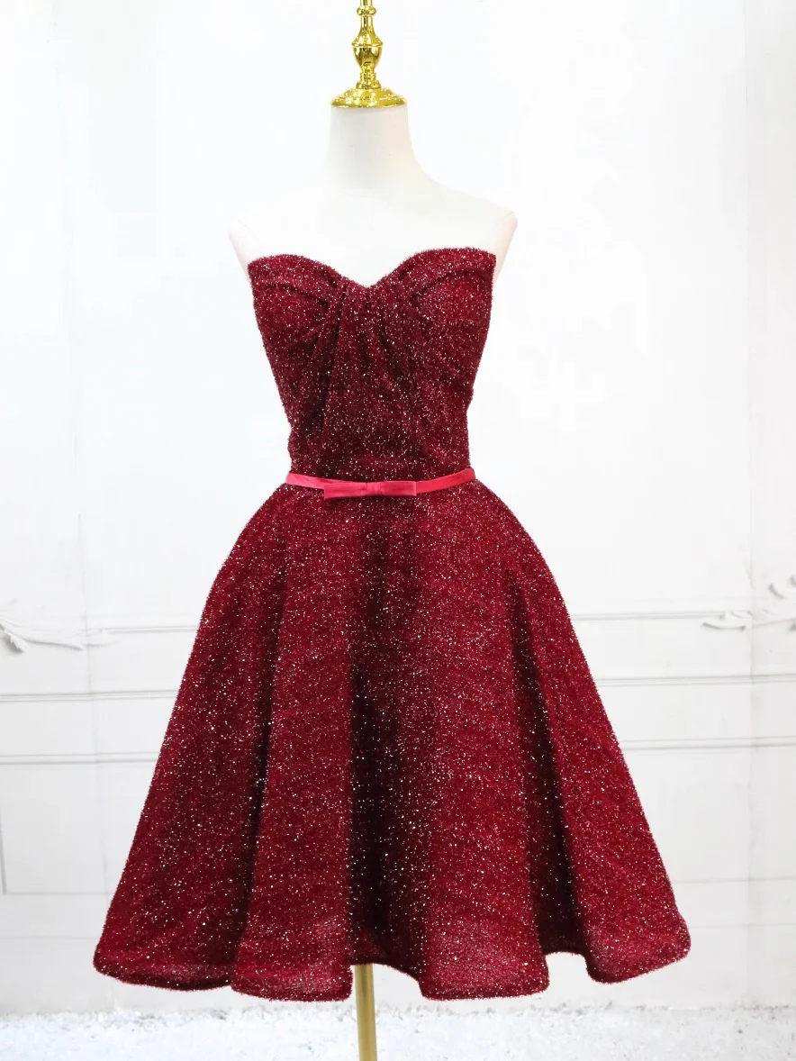 A-Line Sweetheart Neck Short Burgundy Prom Dress, Cute Burgundy Homecoming Dress - Deanwangkt