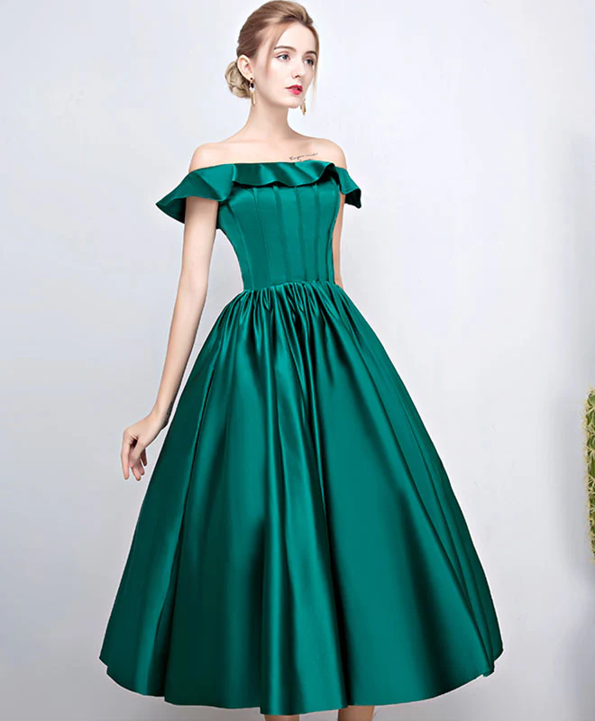 Green Satin Short Prom Dress, Green Tea Length Homecoming Dresses - Deanwangkt