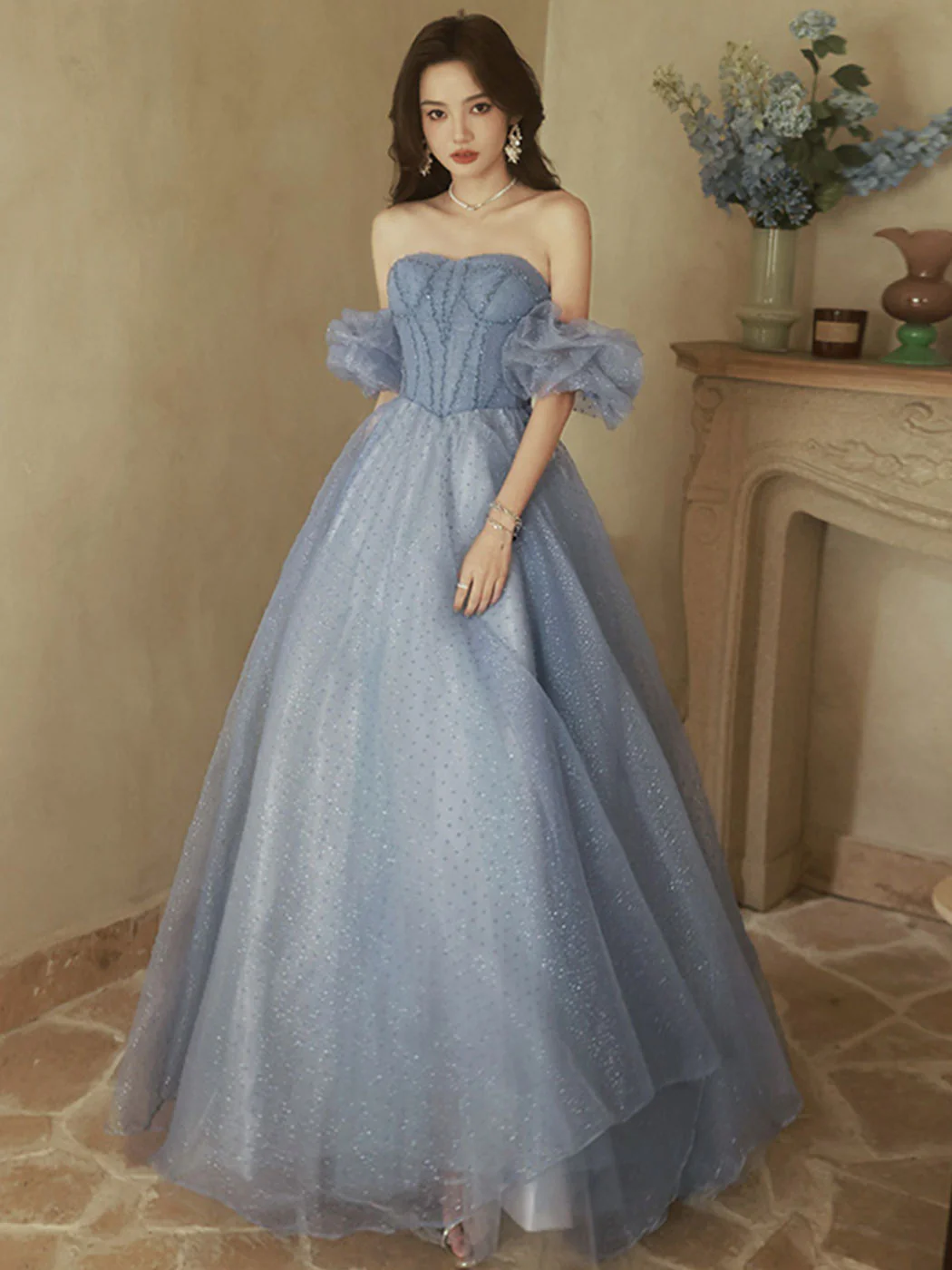 A-Line Sweetheart Neck Tulle Gray Blue Long Prom Dress, Gray Blue Formal Dress - Deanwangkt