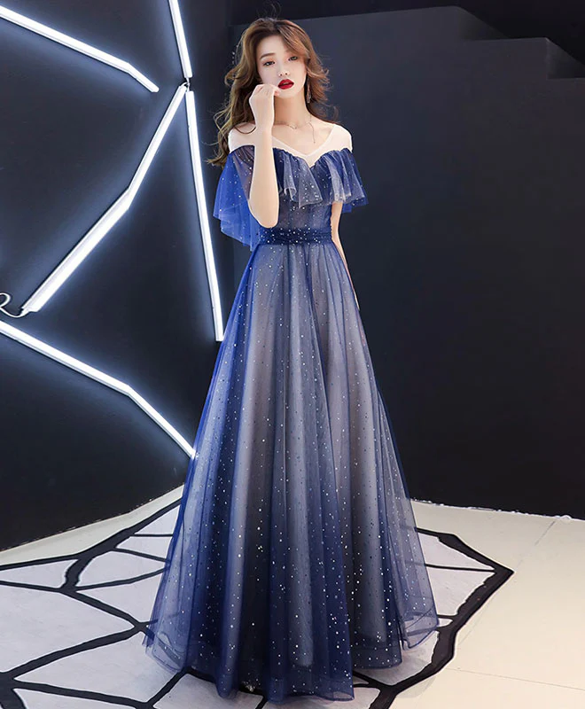 Blue V Neck Tulle Long Prom Dress, Blue Tulle Evening Dress - Deanwangkt