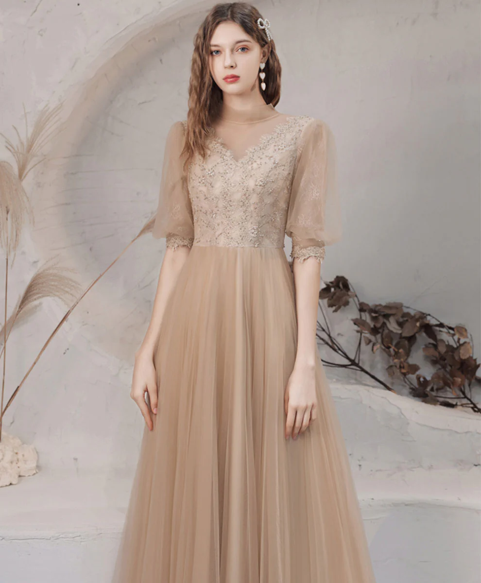 Champagne High Neck Tulle Lace Long Prom Dress, Champagne Graduation Dress - Deanwangkt