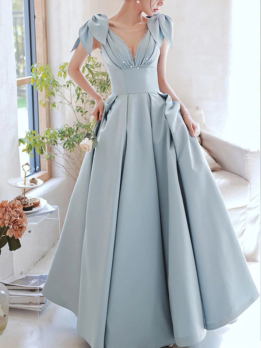 Blue V Neck Satin Long Prom Dress, Blue Satin Evening Dresses - Deanwangkt