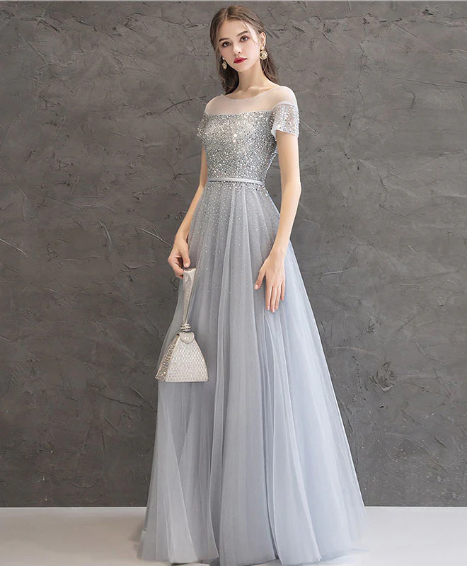 Gray Tulle Sequin Long Prom Dress, Gray Tulle Formal Dress - Deanwangkt