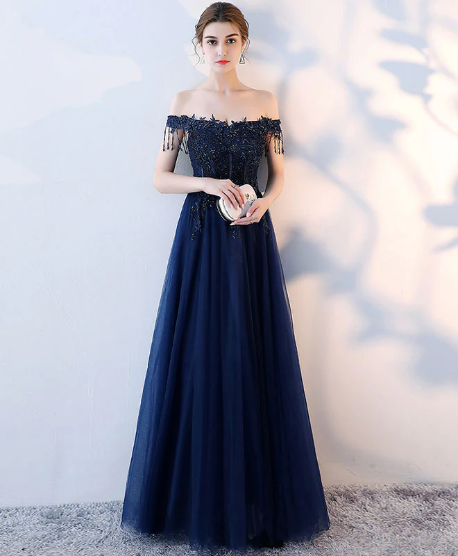 Dark Blue Tulle Beaded Long Prom Dress, Blue Evening Dress - Deanwangkt