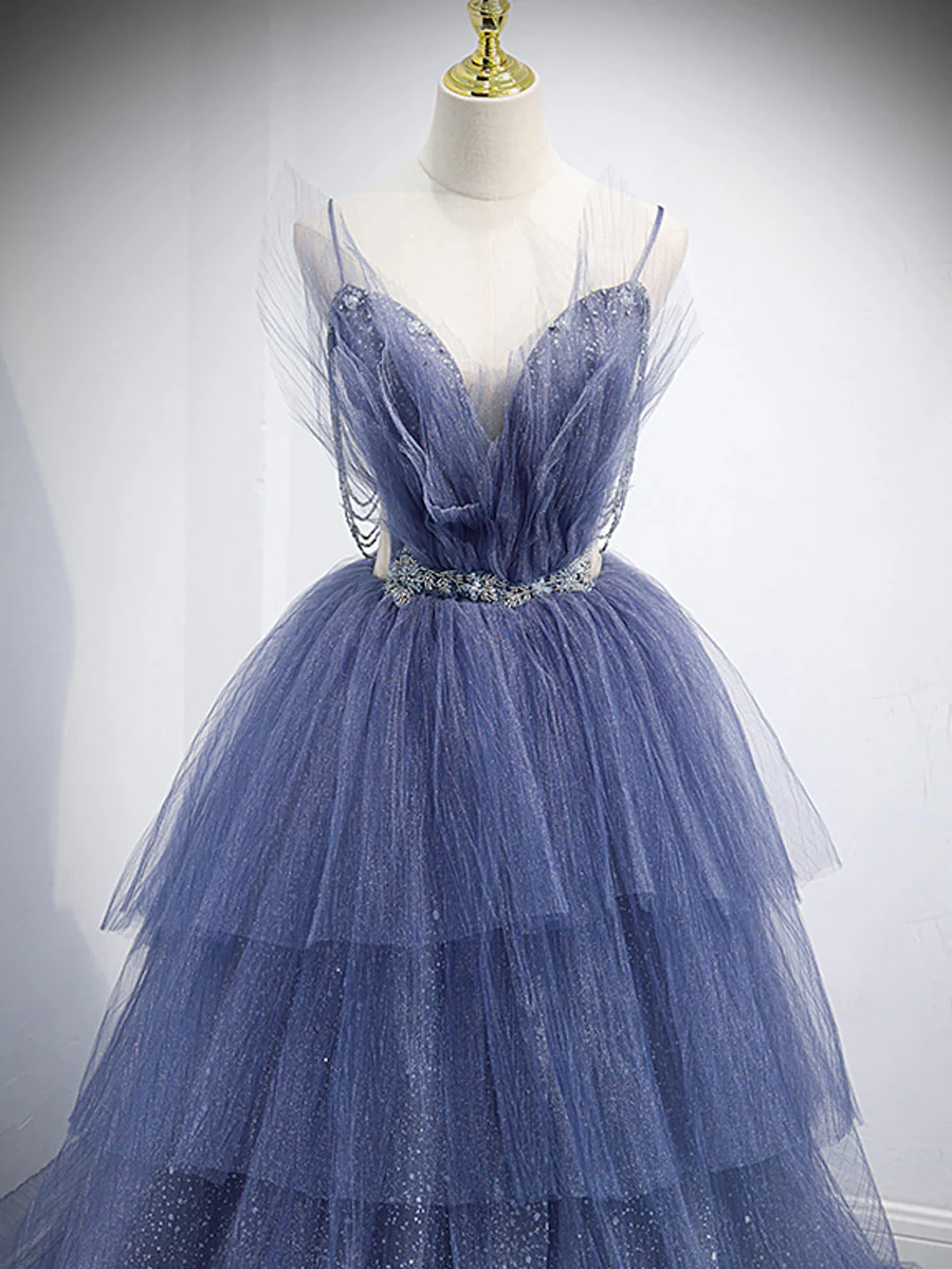 Blue V Neck Tulle Sequin Long Prom Dress, Blue Tulle Formal Dress - Deanwangkt