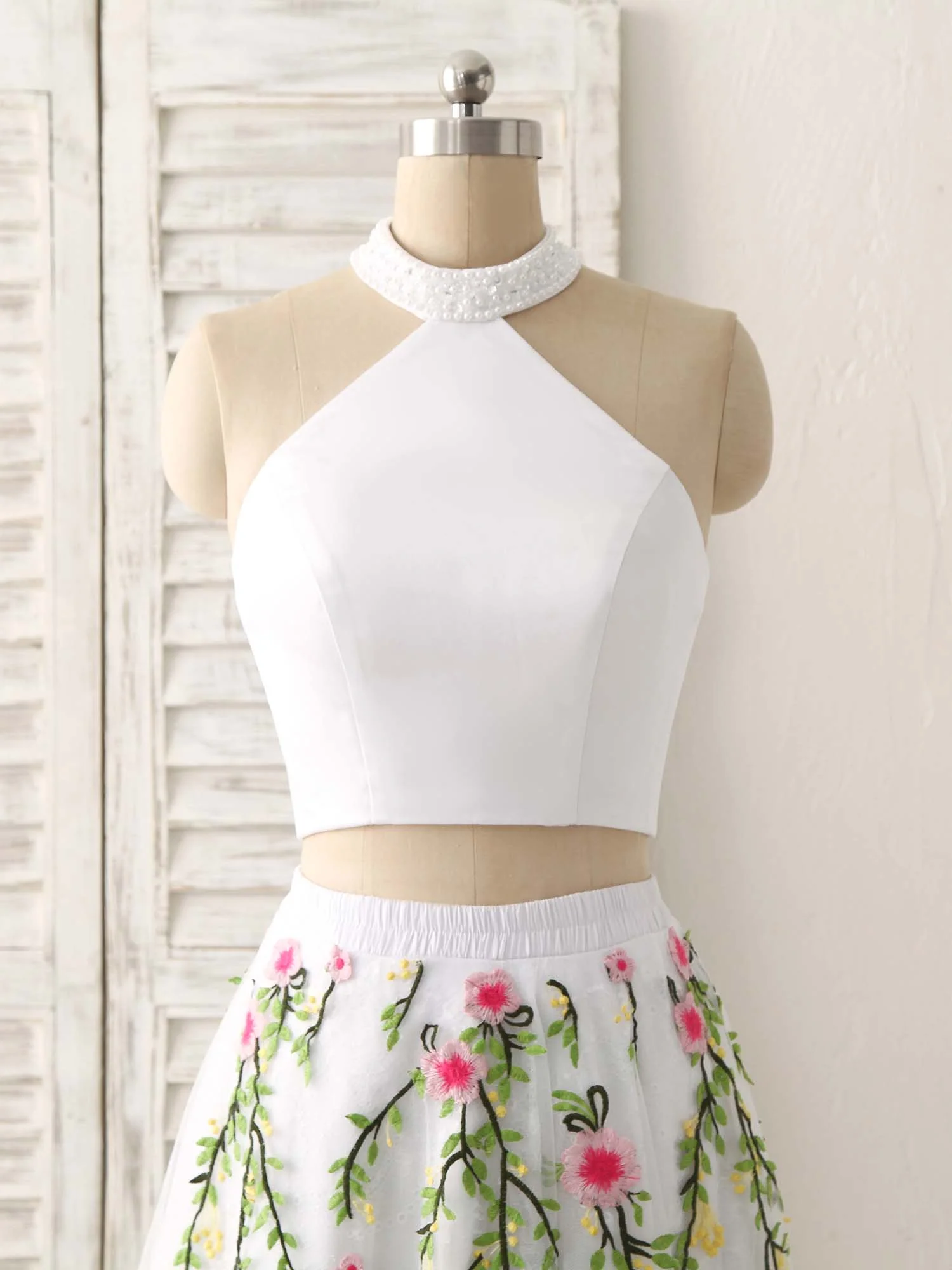 White Two Pieces Lace Applique Long Prom Dress, Evening Dress - Deanwangkt