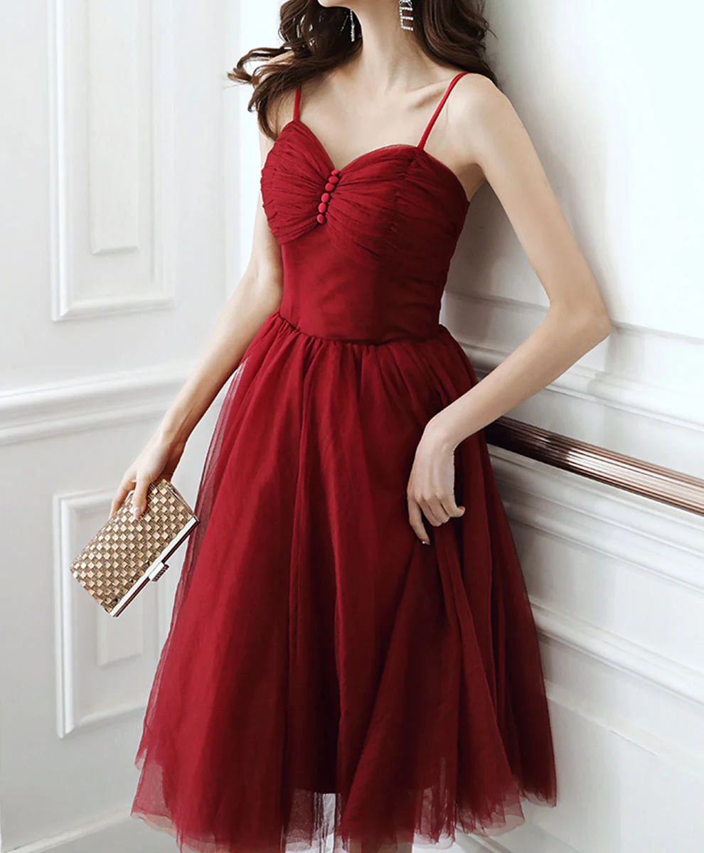 Simple Sweetheart Tulle Short Prom Dress Burgundy Homecoming Dress - Deanwangkt