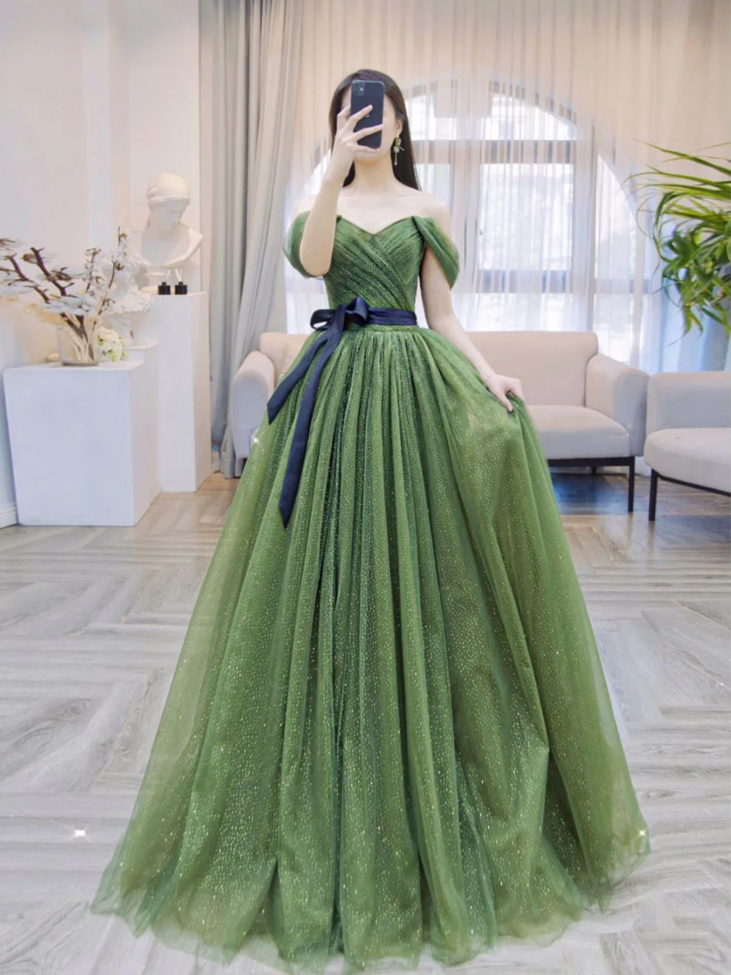 A-Line Tulle Off Shoulder Green Long Prom Dress, Green Formal Evening Dress - Deanwangkt