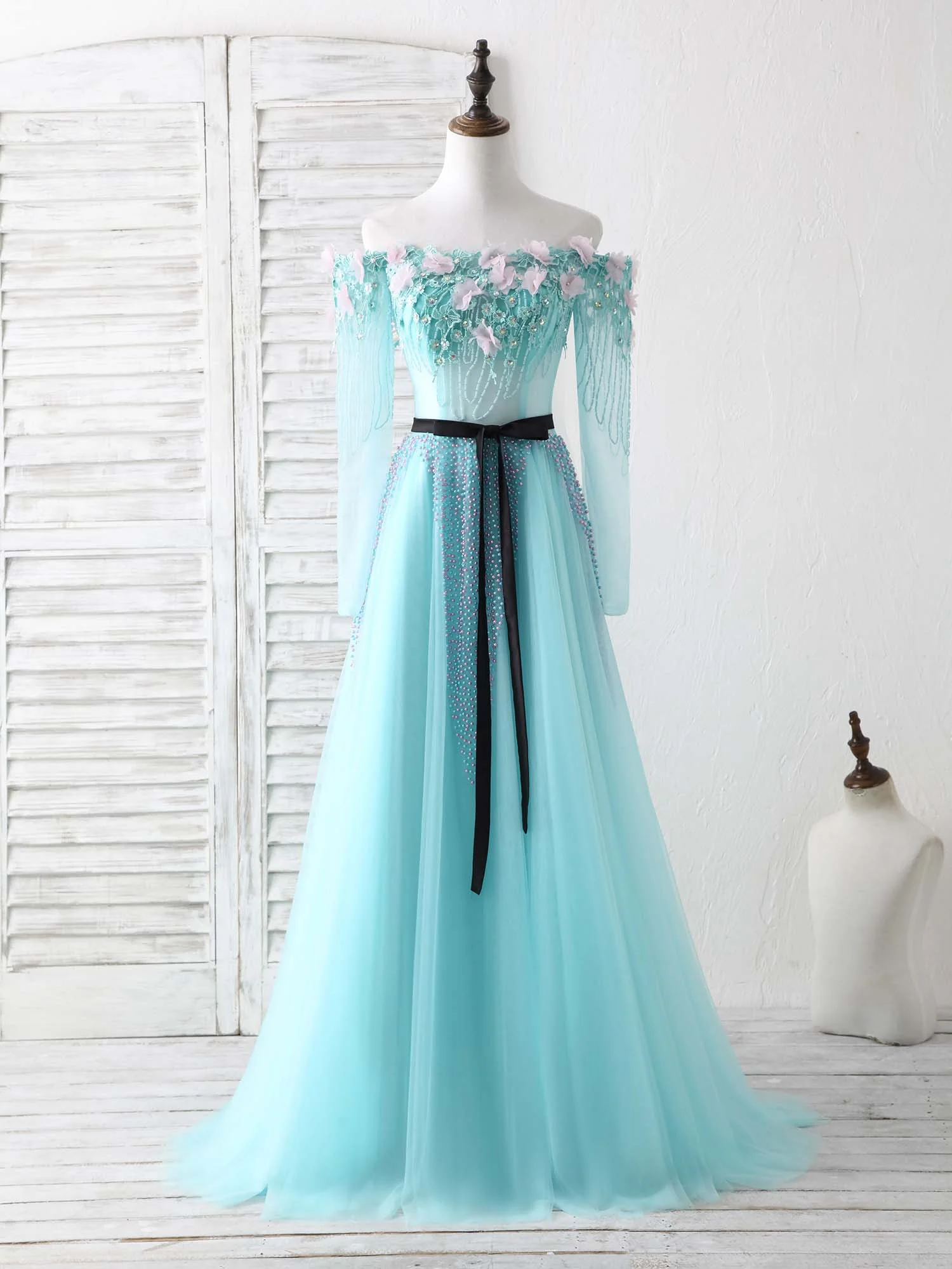 Blue Tulle Beads Long Prom Dress Blue Beads Evening Dress - Deanwangkt