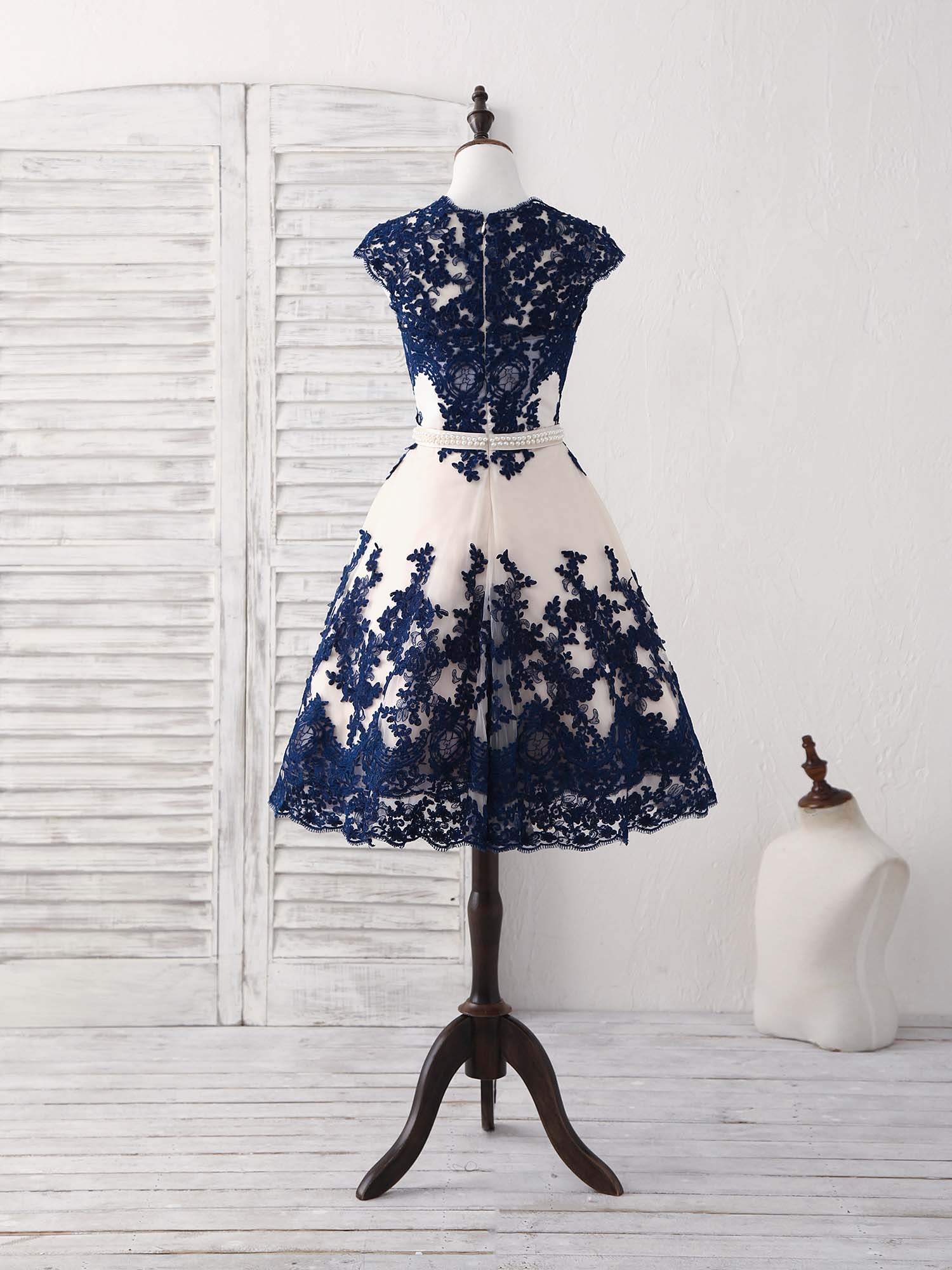 Dark Blue Lace Tulle Short Prom Dress Blue Bridesmaid Dress - Deanwangkt