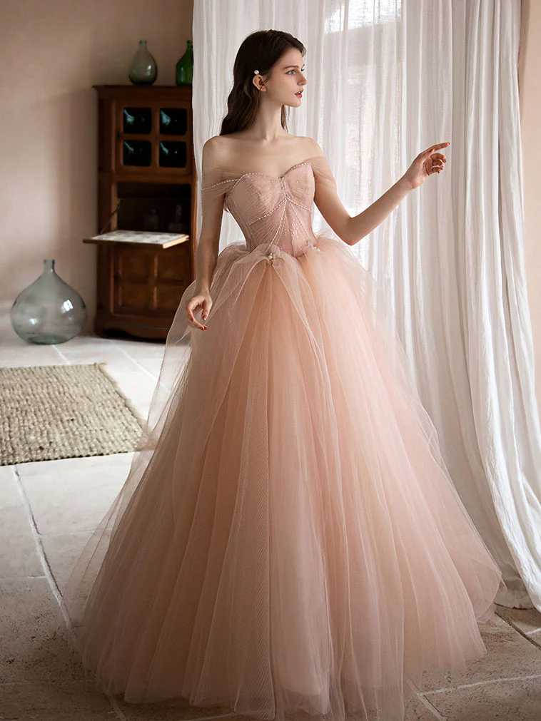 Pink Sweetheart Neck Tulle Long Prom Dress, Pink Evening Dress - Deanwangkt