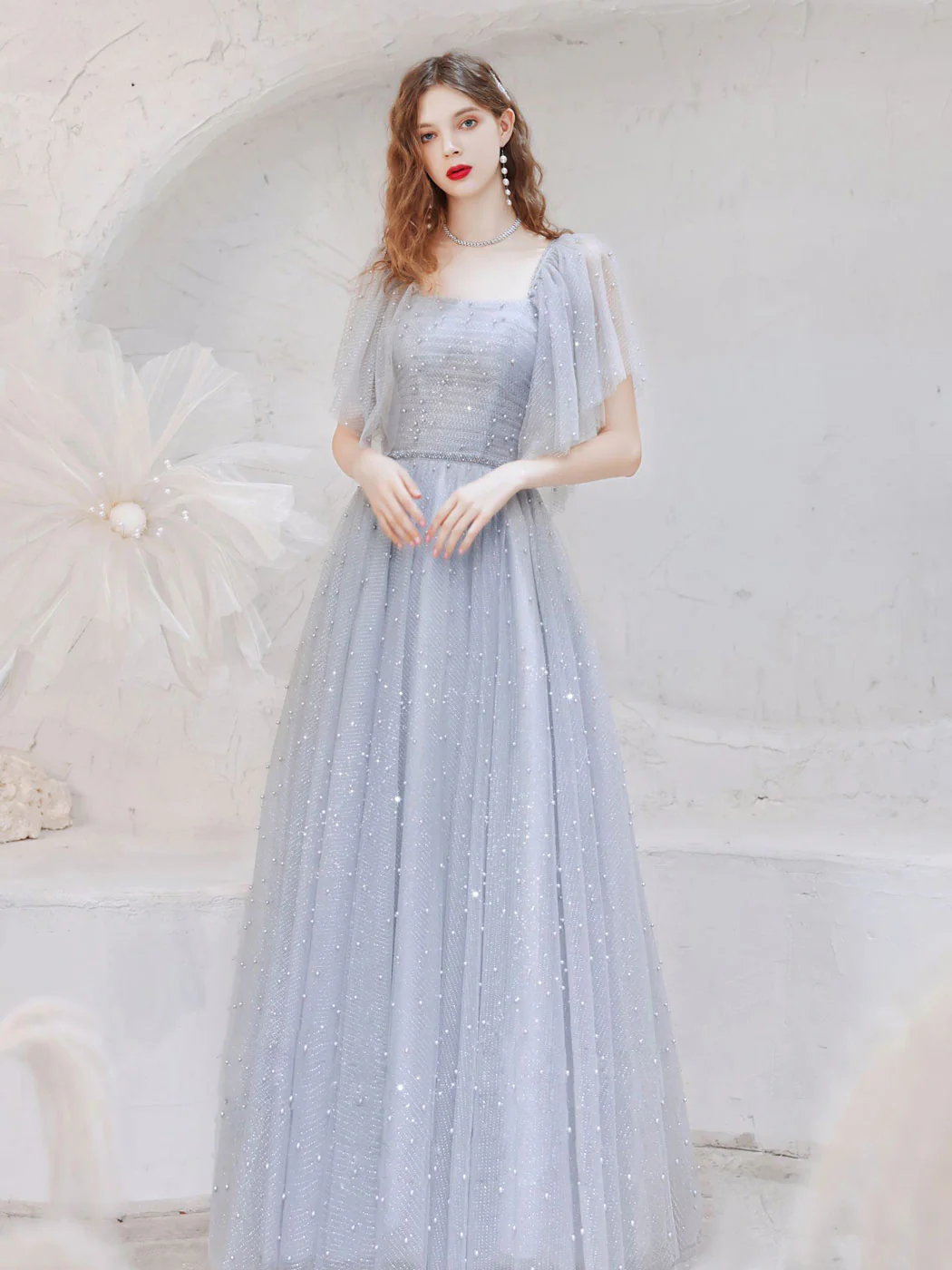 A-Line Square Neckline Tulle Gray Long Prom Dress, Gray Formal Dresses - Deanwangkt