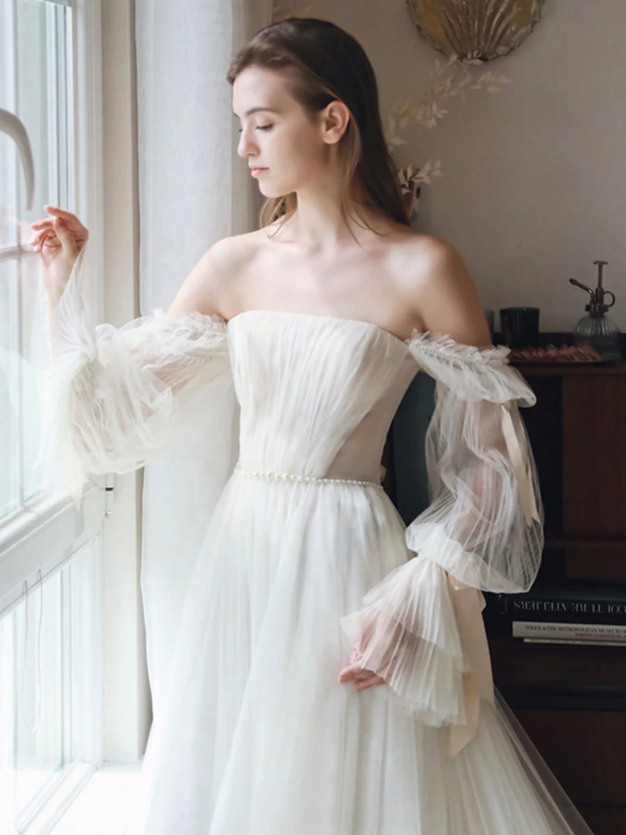White Tulle A line Long Prom Dress, White Formal Dresses - Deanwangkt