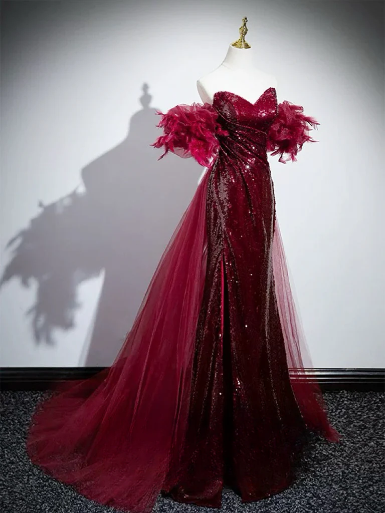 Mermaid Off Shoulder Sequin Burgundy Long Prom Dress, Burgundy Long Evening Dress - Deanwangkt