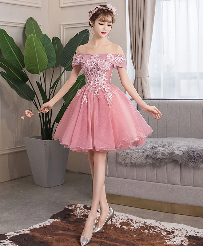Pink Tulle Lace Short Prom Dress Pink Lace Homecoming Dress - Deanwangkt