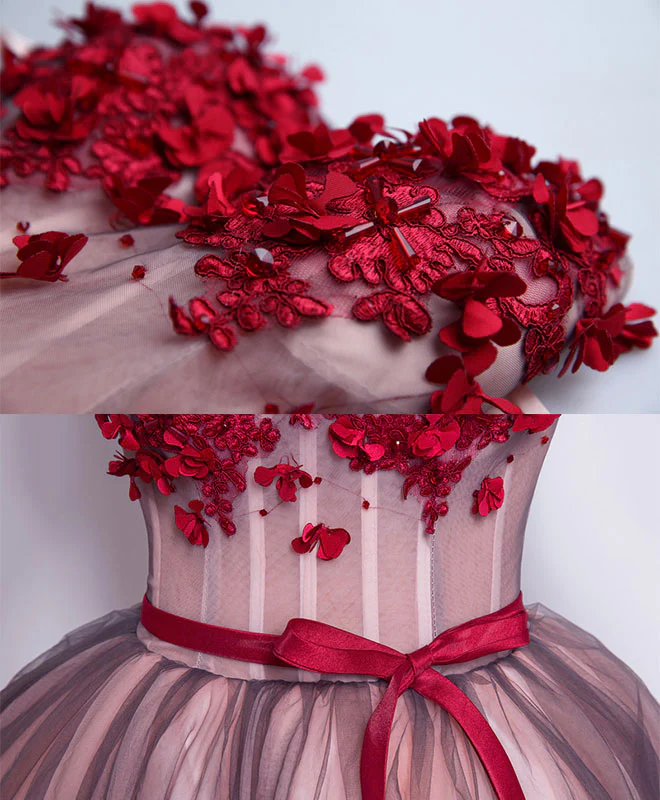 A Line Sweetheart Neck Tulle Mini Prom Dresses, Burgundy Homecoming Dress - Deanwangkt