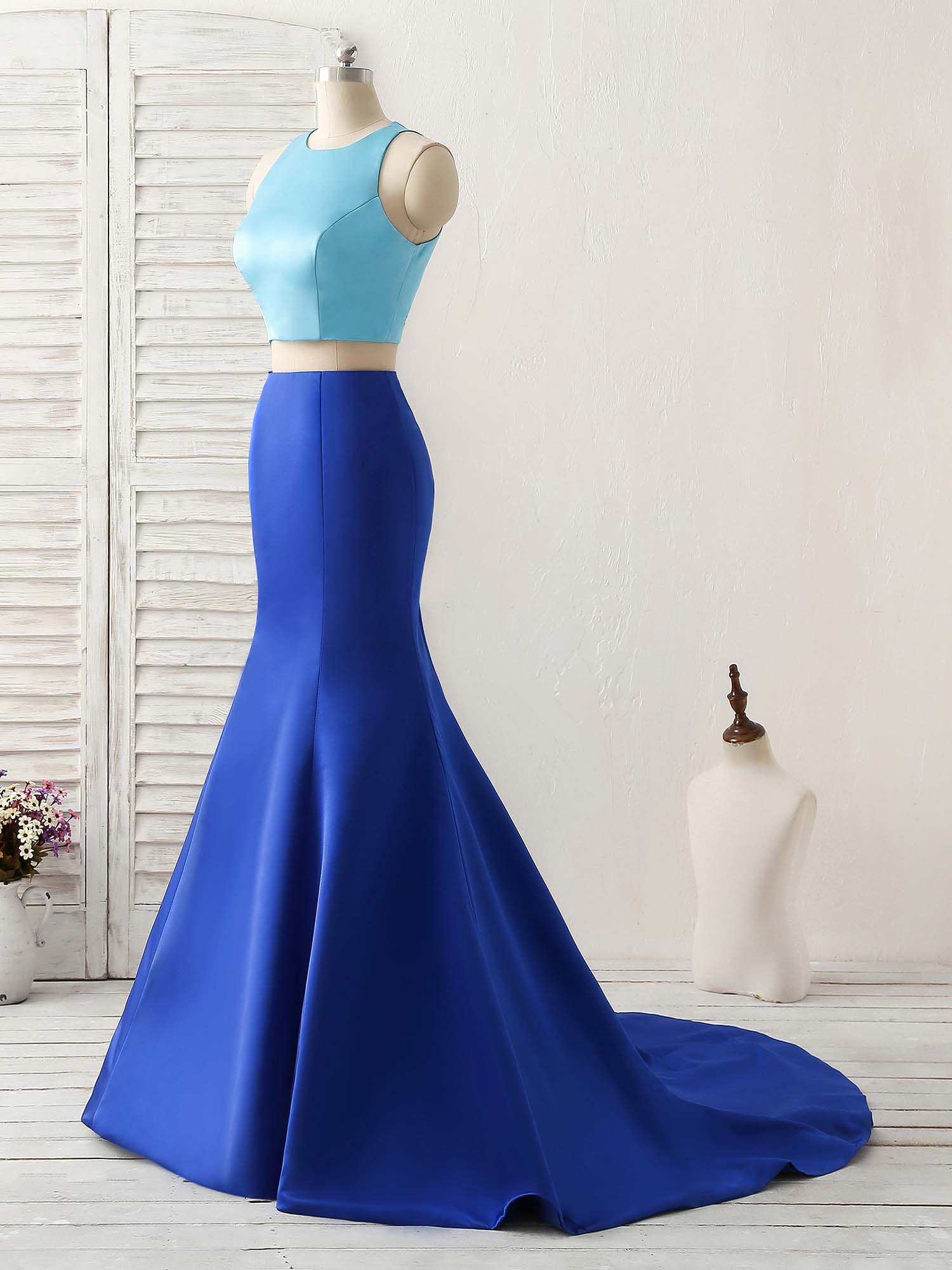 Royal Blue Two Pieces Satin Long Prom Dress, Blue Evening Dress - Deanwangkt
