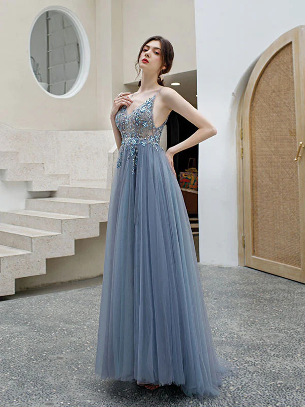 Gray blue v neck tulle beads long prom dress, gray tulle formal dress - Deanwangkt