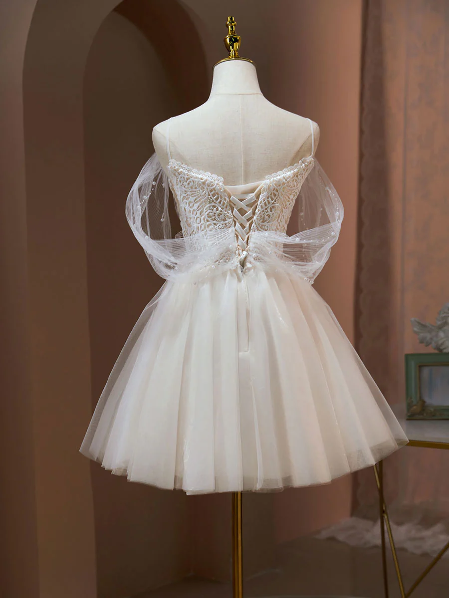 A Line Sweetheart Neck Tulle Lace Beige Short Prom Dress,  Puffy Cute Homecoming Dress - Deanwangkt