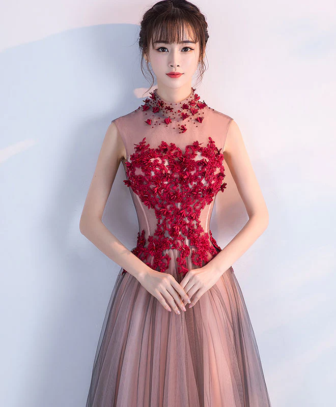 Burgundy Tulle Lace Long Prom Dress, Burgundy Evening Dress - Deanwangkt