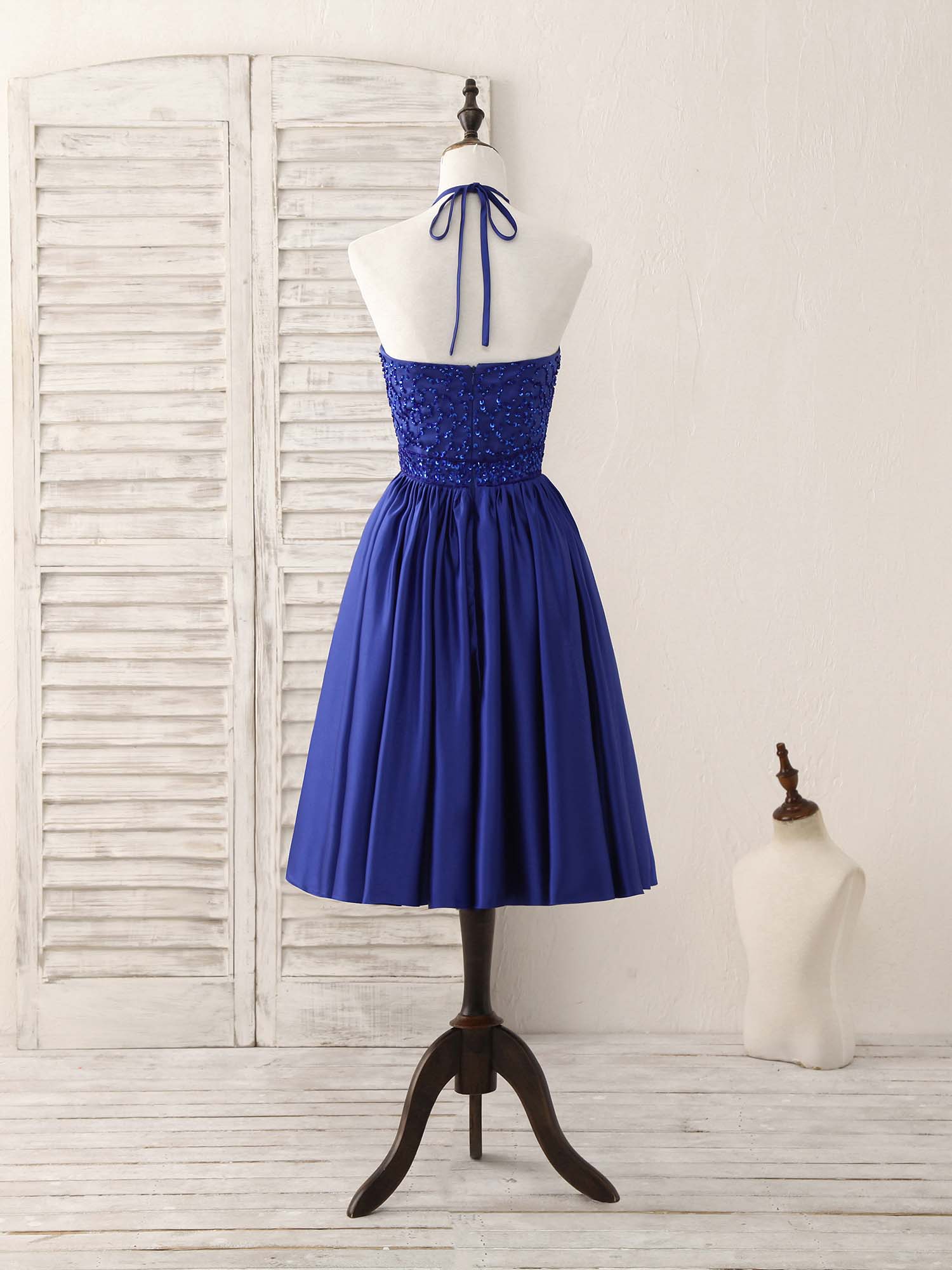 Royal Blue Satin Beads Short Prom Dress Blue Homecoming Dress - Deanwangkt