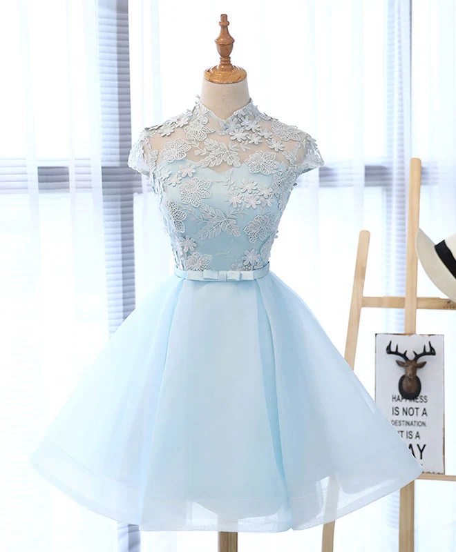 Light Blue Applique Short Prom Dress, Blue Homecoming Dress - Deanwangkt
