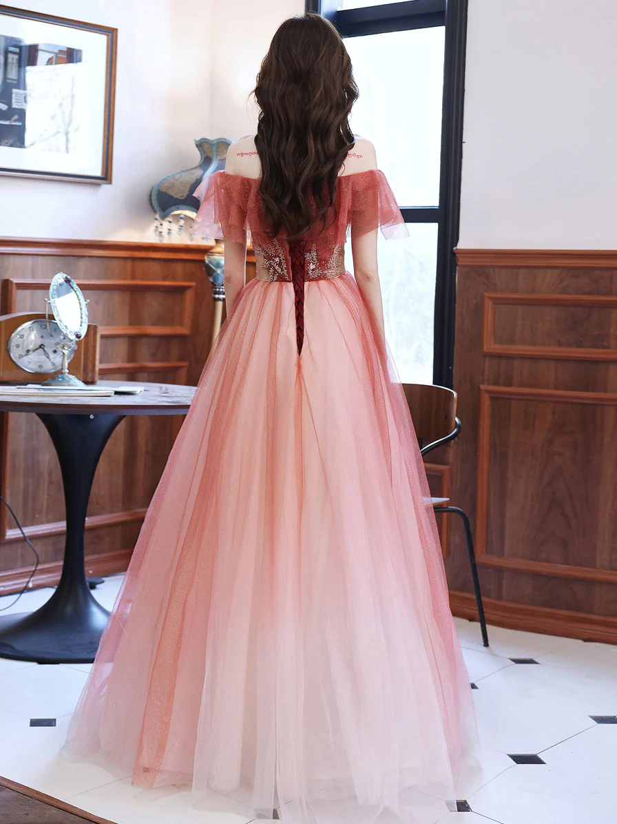 Burgundy A line Tulle Beads Long Prom Dress, Burgundy Formal Evening Dresses - Deanwangkt