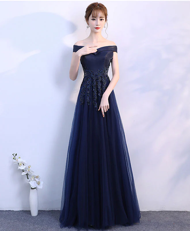 Simple Blue Off Shoulder Long Prom Dress, Blue Bridesmaid Dress - Deanwangkt