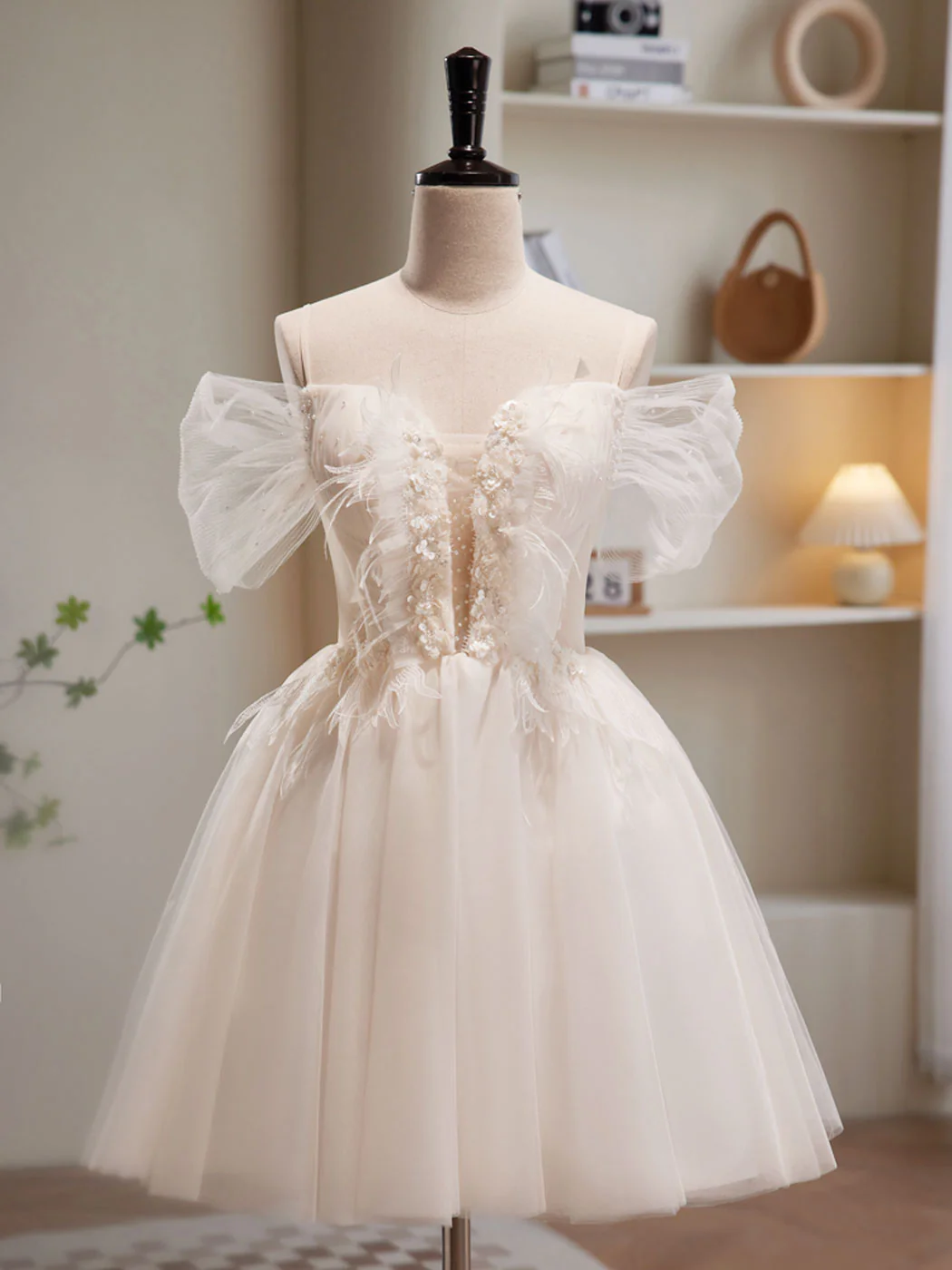 A-Line Off Shoulder Tulle Short Beige Prom Dress, Cute Homecoming Dress - Deanwangkt