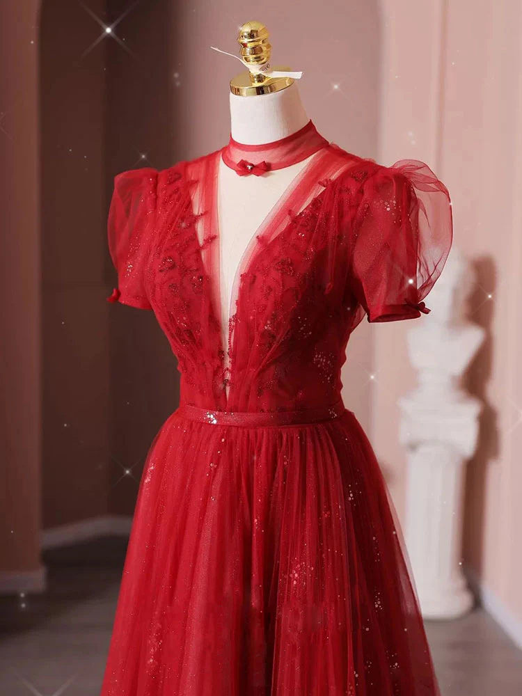 Burgundy  Tulle Sequin Long Prom Dress, Burgundy Tulle Formal Dresses - Deanwangkt