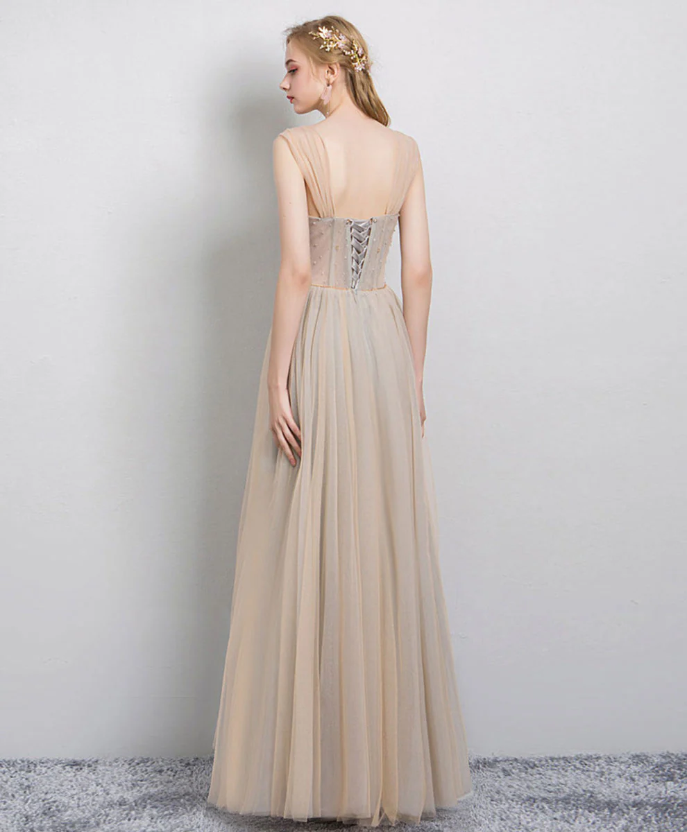 Champagne Tulle Long Prom Dress, Champagne Tulle Evening Dress - Deanwangkt