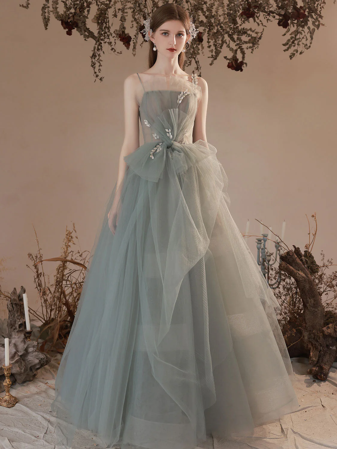 Gray Green Long Prom Dress, Ball Gown Gray Green Tulle Formal Sweet 16 Dress - Deanwangkt