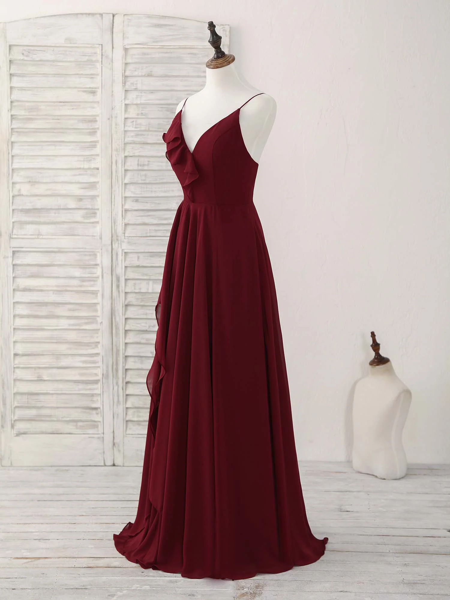 Simple Burgundy V Neck Chiffon Long Prom Dress, Bridesmaid Dress - Deanwangkt