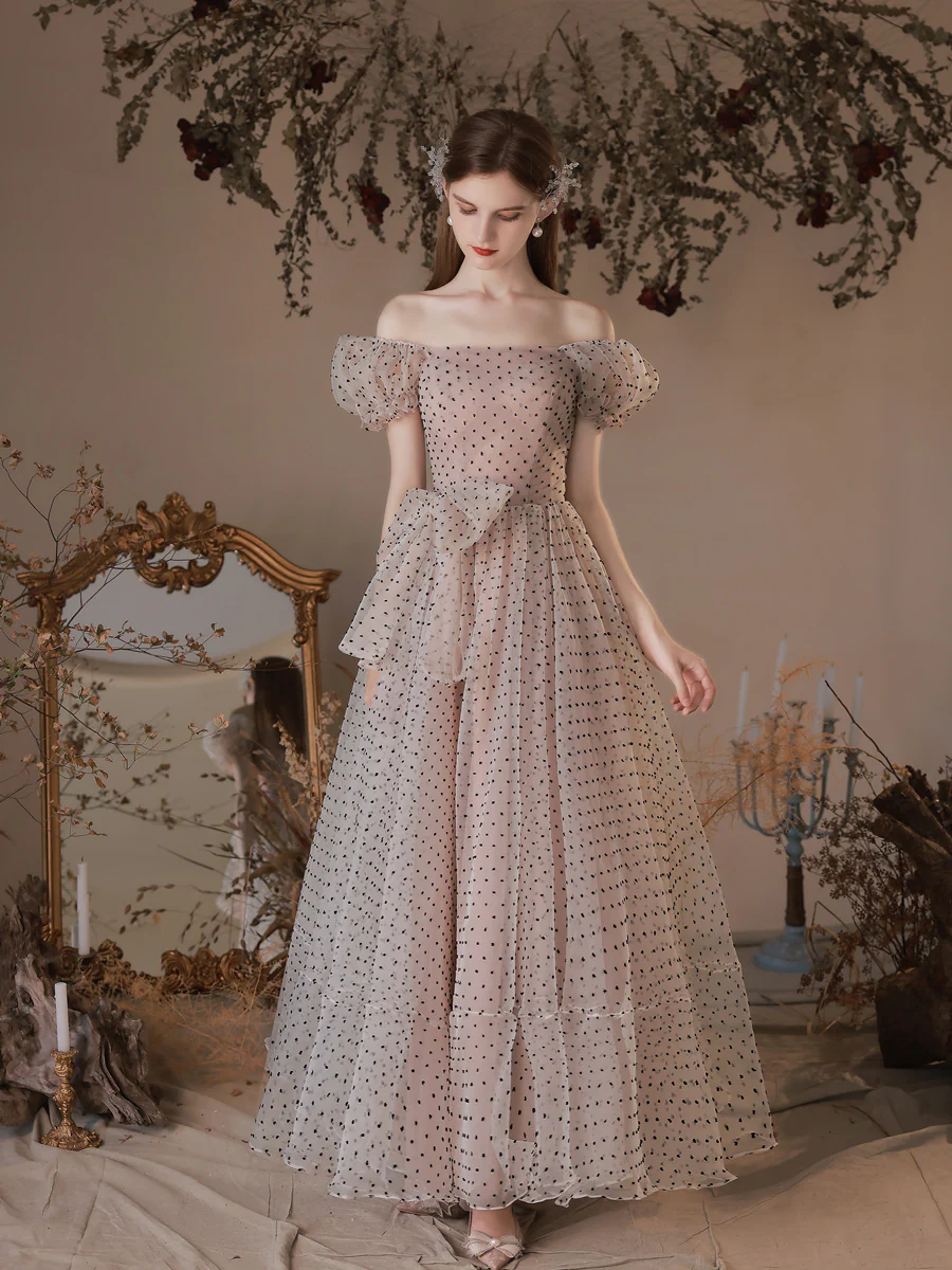 A Line Polka Dot Tulle Tea Length  Pink Prom Dresses, Puff Sleeves Homecoming Dress - Deanwangkt