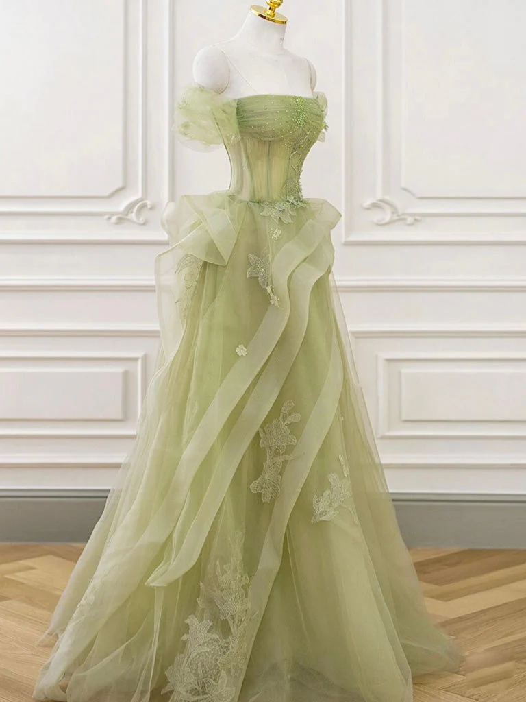 A-Line Off Shoulder Tulle Lace Green Long Prom Dress, Green Lace Long Formal Dress - Deanwangkt