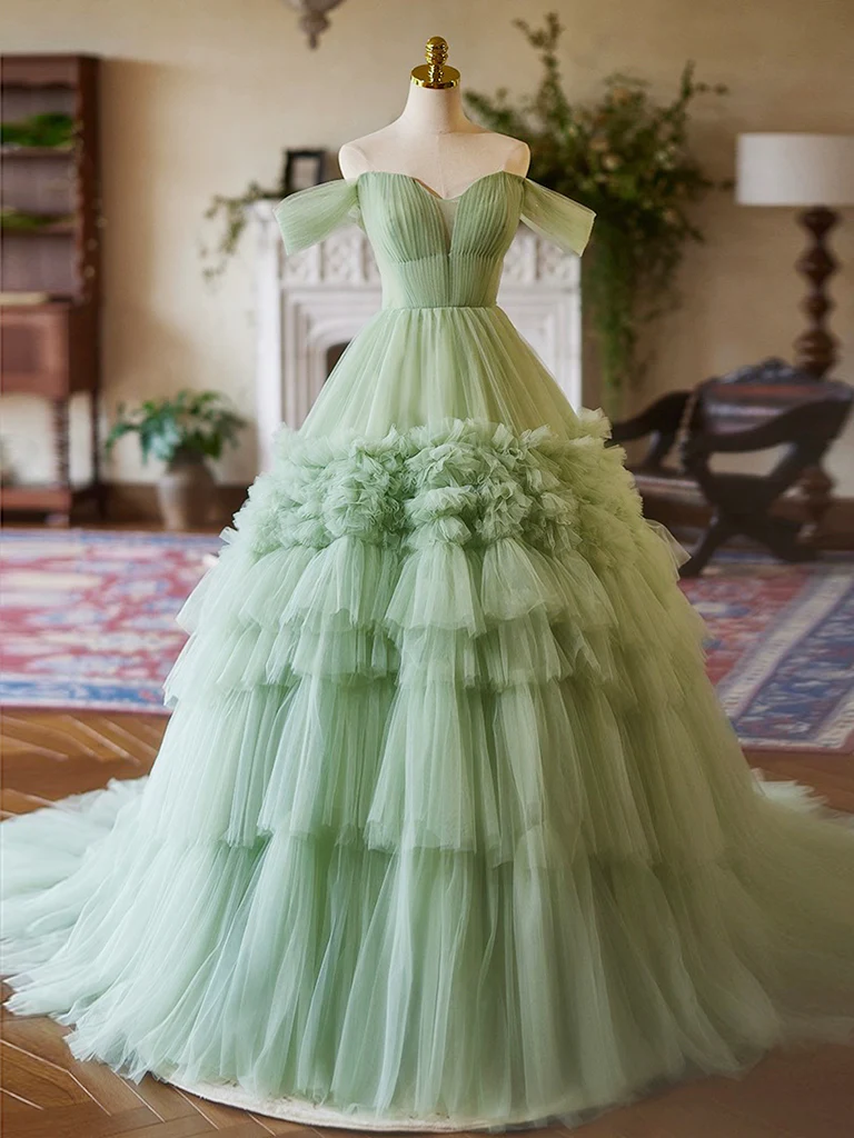 A-Line off Shoulder Tulle Green Long Prom Dress, Green Sweet 16 Dress - Deanwangkt