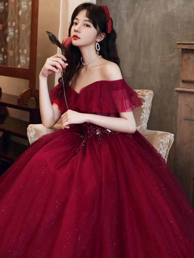 Burgundy Off Shoulder Tulle Sequin Long Prom Dress Burgundy Evening Dress - Deanwangkt