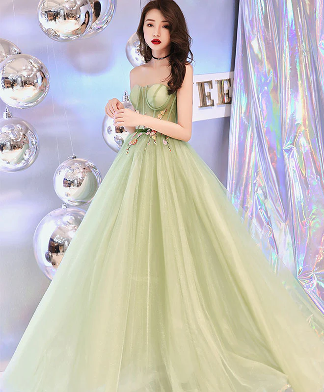 Simple Sweetheart Neck Tulle Long Prom Dress, Green Evening Dress - Deanwangkt