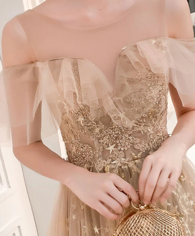 Champagne Round Neck Tulle Lace Long Prom Dress Tulle Evening Dress - Deanwangkt