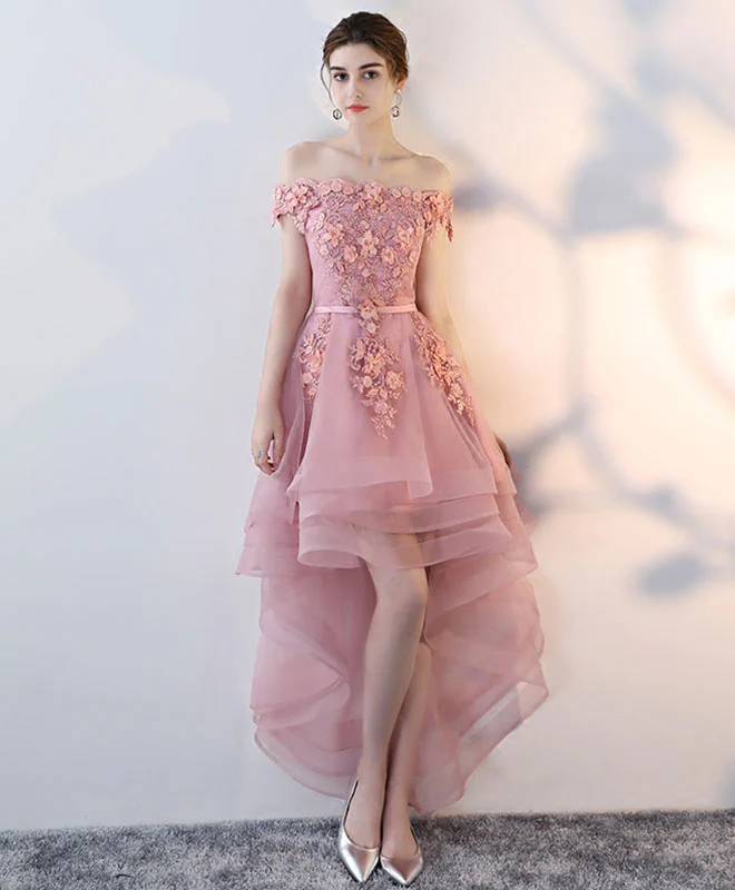 Pink Lace High Low Prom Dress, Pink Homecoming Dress - Deanwangkt