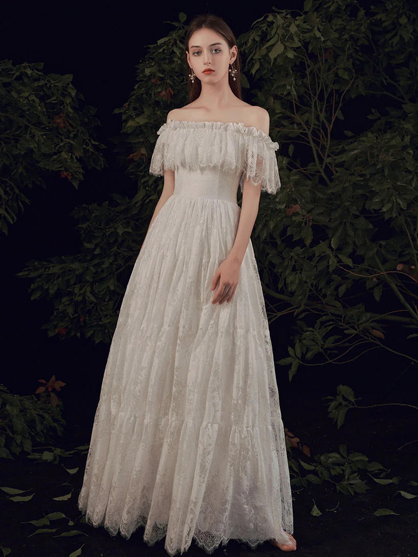 Simple ivory Lace Long Prom Dress, ivory Lace Bridesmaid Dresses - Deanwangkt