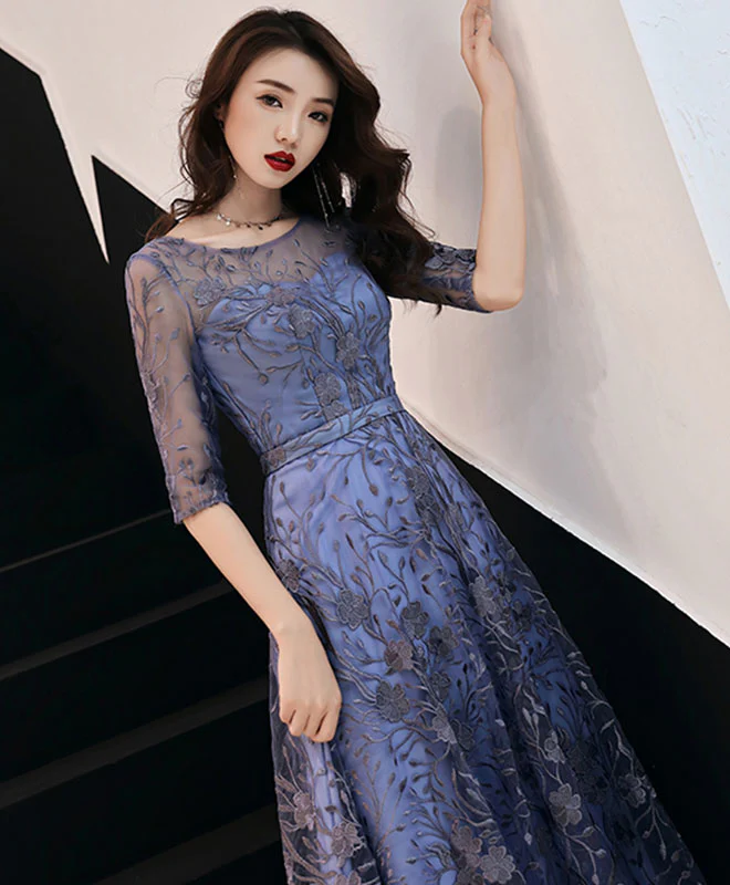 Blue Round Neck Tulle Lace Long Prom Dress, Lace Evening Dress - Deanwangkt