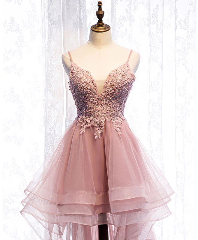 Pink Tulle Lace High Low Prom Dress, Pink Homecoming Dress - Deanwangkt