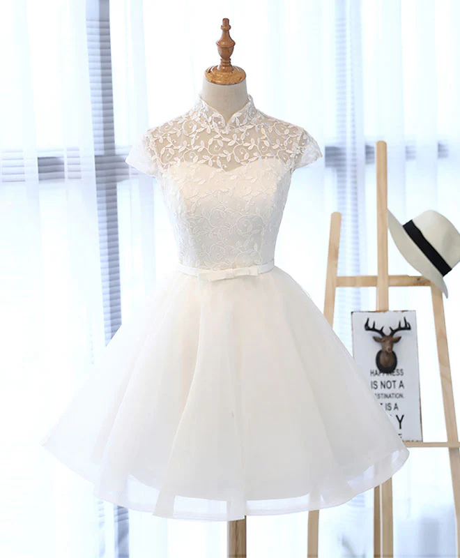 Cute White Lace Short Prom Dress, White Homecoming Dress - Deanwangkt