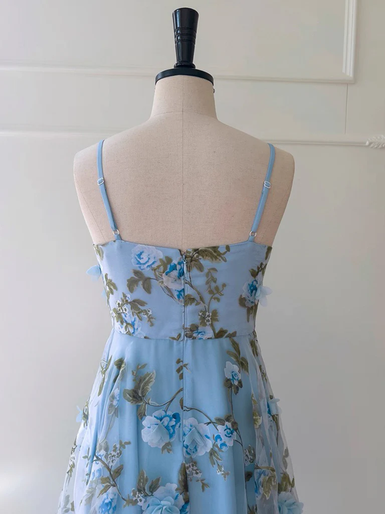 Simple A-Line Tulle 3D Flower Blue Long Prom Dress, Blue Party Dress - Deanwangkt