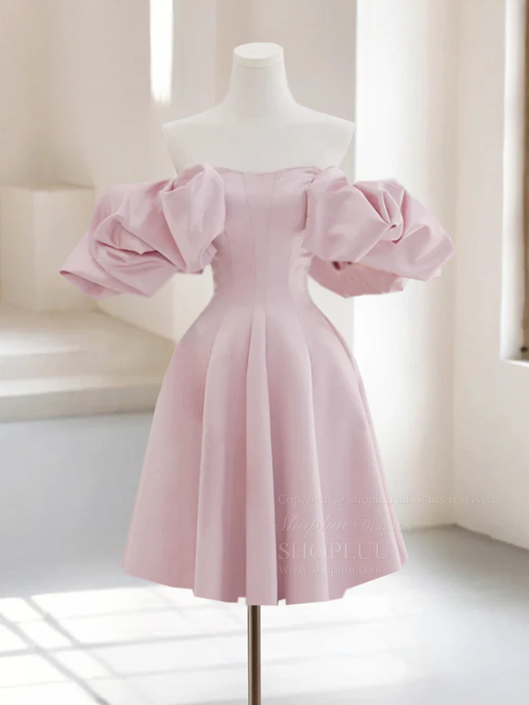 A-Line Off Shoulder Satin Pink Short Prom Dress, Pink Homecoming Dress - Deanwangkt