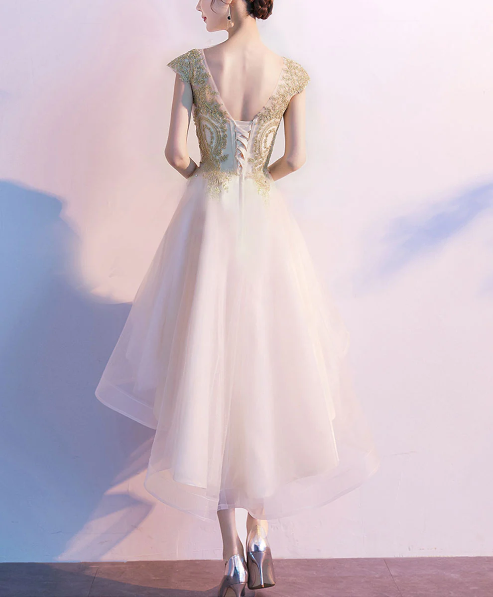 Gold Tulle Lace High Low Prom Dress Lace Homecoming Dress - Deanwangkt