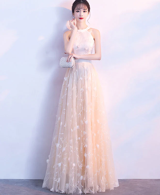 Champagne Lace Tulle Long Prom Dress, Champagne Evening Dress - Deanwangkt