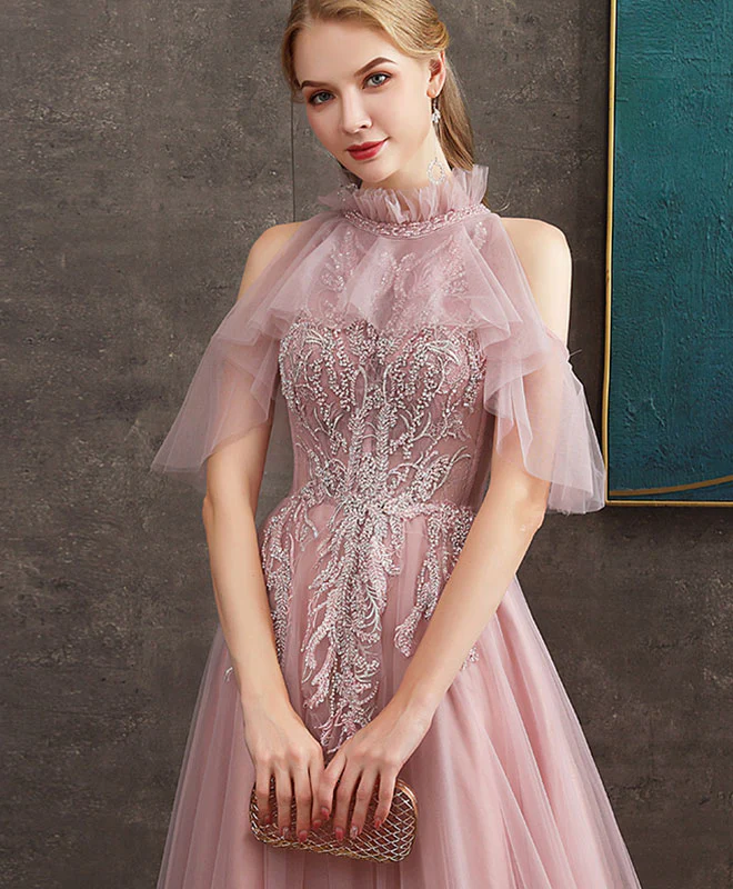Pink Tulle Lace Long Prom Dress Pink Tulle Formal Graduation Dress with Beading - Deanwangkt