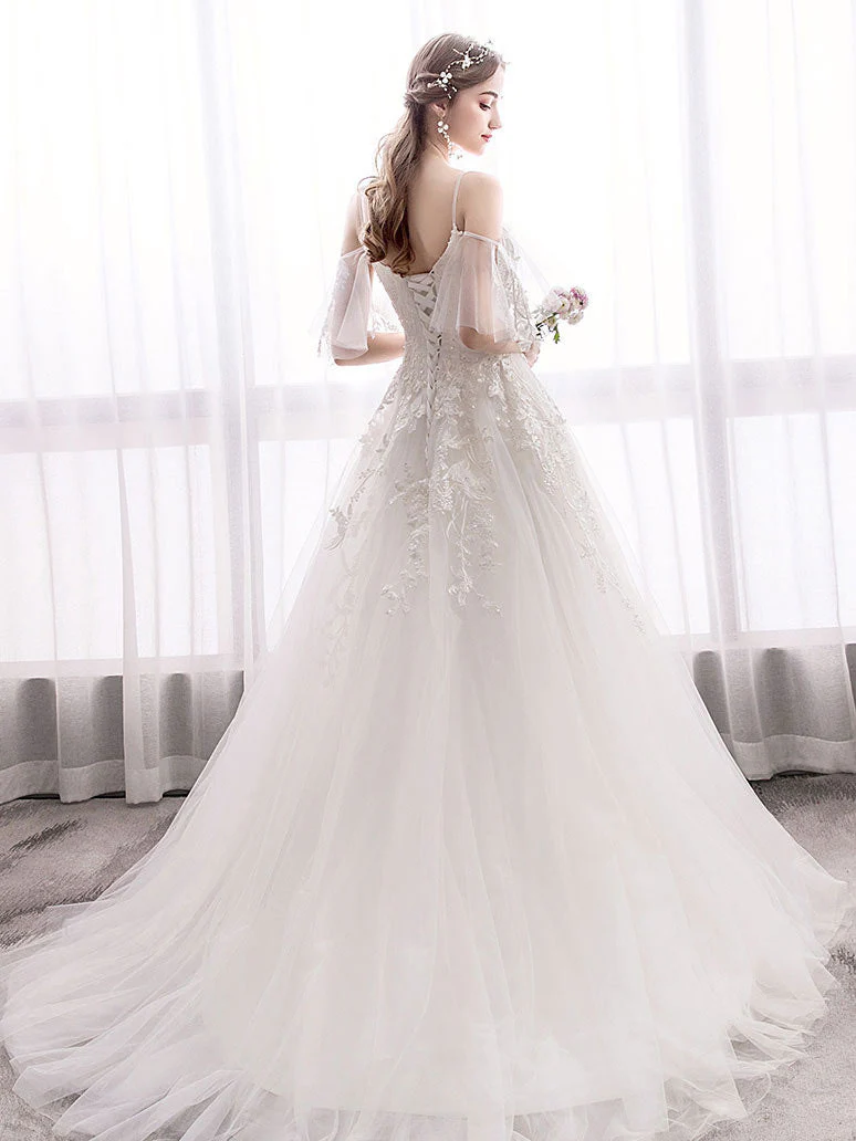 White Sweetheart Lace Tulle Long Wedding Dress, Lace Bridal Dress - Deanwangkt